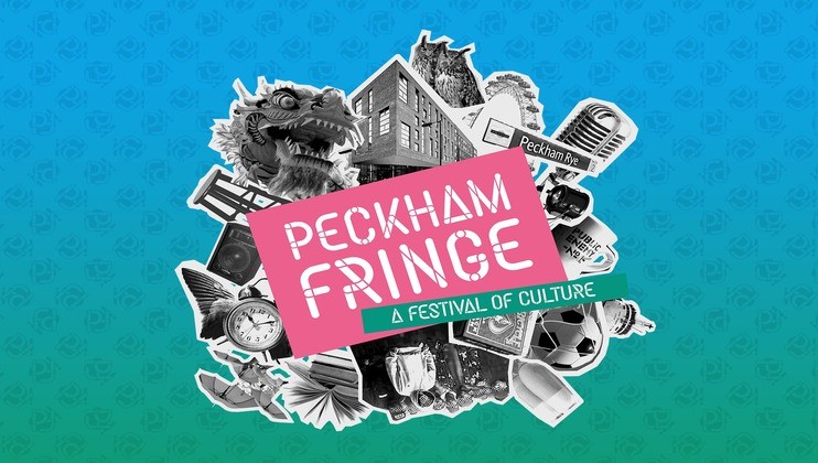 A colorful poster for Peckham Fringe: A Festival of Culture. The collage includes a dragon head, a clock, a typewriter, a building, a microphone, and other cultural symbols against a blue-green gradient background. The festival name is in white on a pink rectangle.