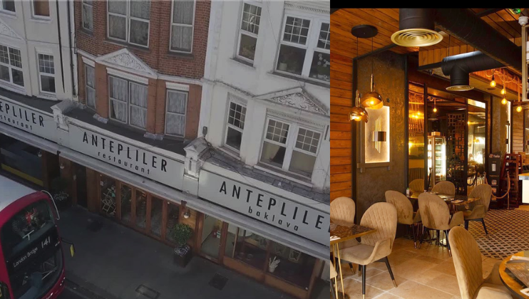 A split image showing the exterior and interior of Antepliler, a Turkish restaurant and baklava shop. The exterior features a white sign on a brown brick building. The interior has elegant lighting, cozy seating, and a modern decor with warm tones and intricate detailing.