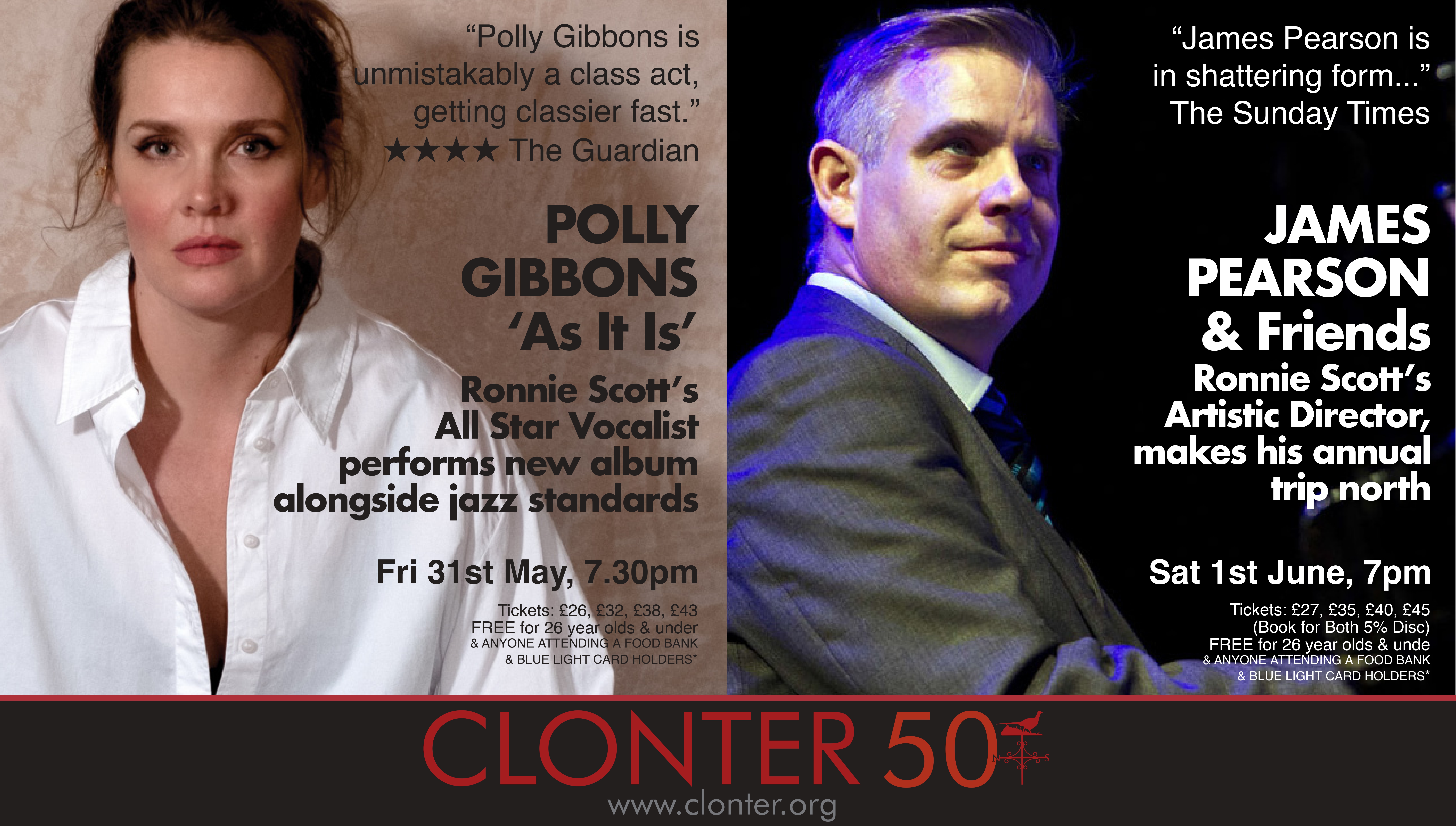 A promotional poster split into two panels. The left features Polly Gibbons with quotes praising her music and details of her performance on Fri 31st May, 7:30 pm. The right features James Pearson with event details for Sat 1st June, 7 pm. Both events at Clonter.