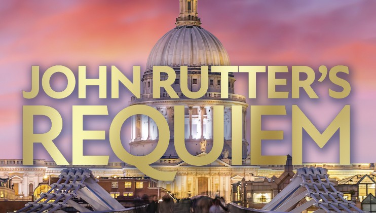 An image showcasing St. Paul's Cathedral in London at sunset, overlaid with bold gold text reading John Rutter's Requiem. The blurred figures of people crossing the Millennium Bridge are in the foreground. Vibrant purple and pink hues color the sky.