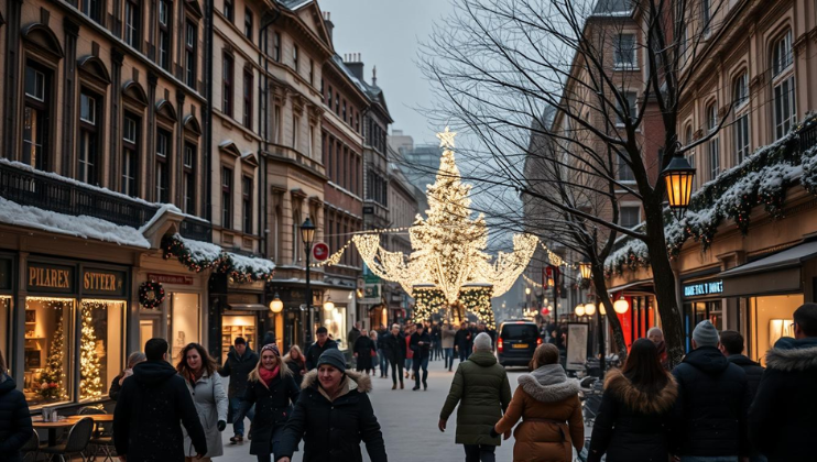 A busy London shopping street in winter; people are wrapped up in warm clothes and a Christmas light fixture hangs in the air above their heads