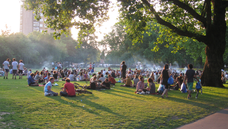 A large group of people gathers in a park on a sunny day, sitting on the grass and socializing. Some stand while others sit on blankets. Trees provide shade, and a tall building is visible in the background. The scene is vibrant and relaxed.