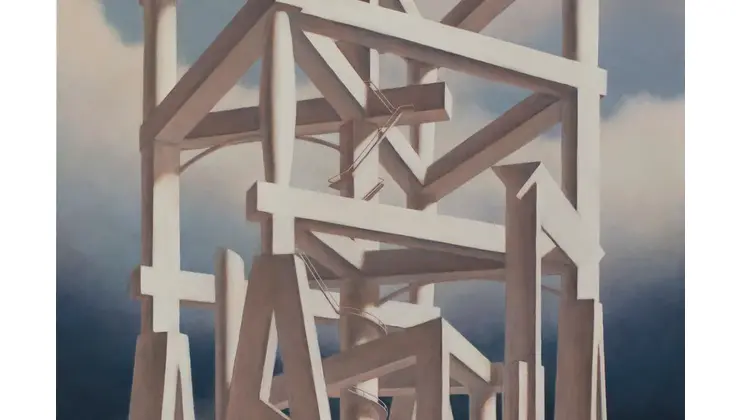 A painting featuring an abstract wooden scaffold structure with interlocking beams against a cloudy sky backdrop. The composition consists of geometric shapes arranged in a seemingly random yet structured manner.
