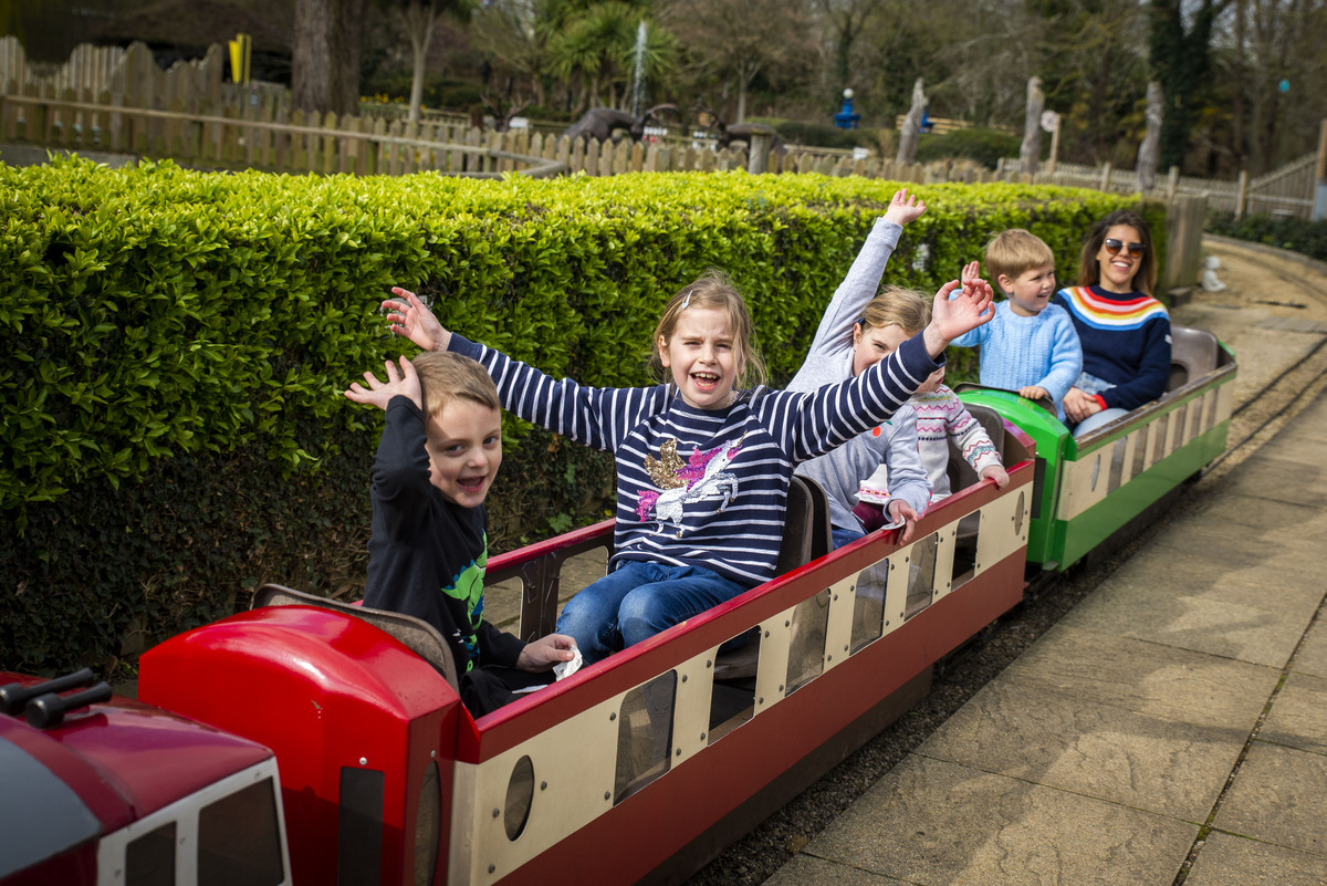 A group of happy children and an adult are riding a small outdoor train. The children are smiling and waving their hands in the air. The train is red and green, and they are surrounded by lush greenery with trees and bushes. Everyone looks excited and cheerful.