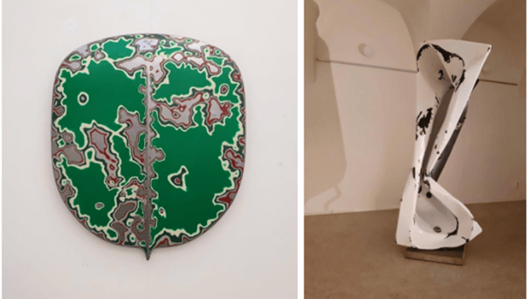 Left: Benedikt Tolar, Auto-moto series, STW 1202-GWRS; 2024; 102 x 91 x 8 cm; steel plate, paint, wax Right: Benedikt Tolar, Dance of death; approx. 170 x 50 x 70 cm