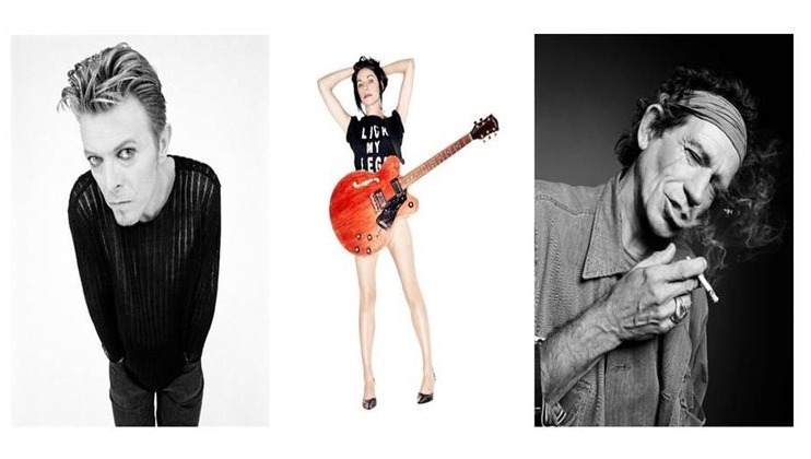 A triptych image: On the left, a man with a distinct hairstyle wearing a black sweater poses with a serious expression. In the center, a person with a guitar and a t-shirt that says LICK MY LEG stands confidently. On the right, a man smokes a cigarette, looking relaxed.