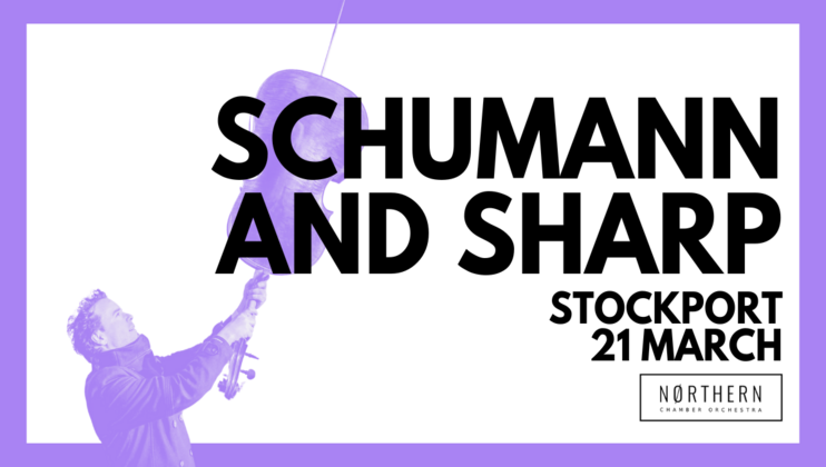 A promotional poster for Schumann & Sharp at Stockport Town Hall on March 21st 2025; against a white background, a man holds his violin aloft (they are coloured purple)