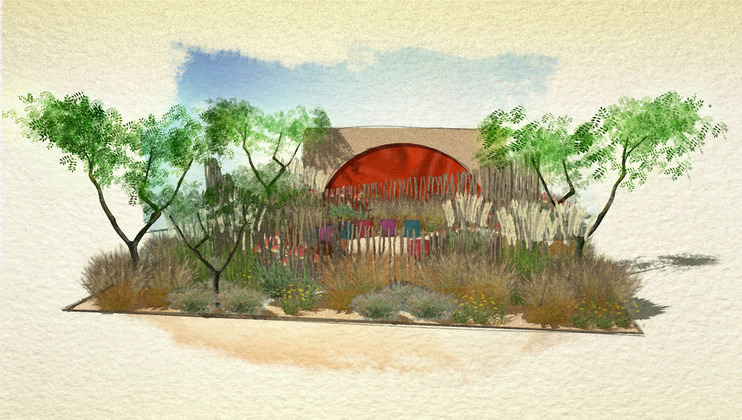 A watercolor illustration depicts a dry, desert garden with tall grasses, colorful wildflowers, and six green, leafy trees. In the background, a large, red half-circle structure stands against a splashed sky of blue and white on textured paper.