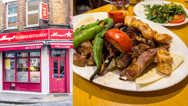 Image showing the exterior of Mangal Ocakbasi Restaurant on the left, with a red facade, sign, and door. On the right, a close-up of a dish featuring grilled meat, green peppers, and tomatoes served on a white plate. A side of salad is visible in the background.