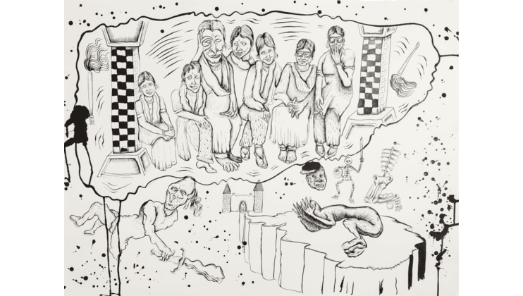 Hardeep Pandhal, Vandals and Thugs: Charmed by Gorgoroth 13, 2021, Indian ink on paper, 56 x 76 cm, courtesy the artist.