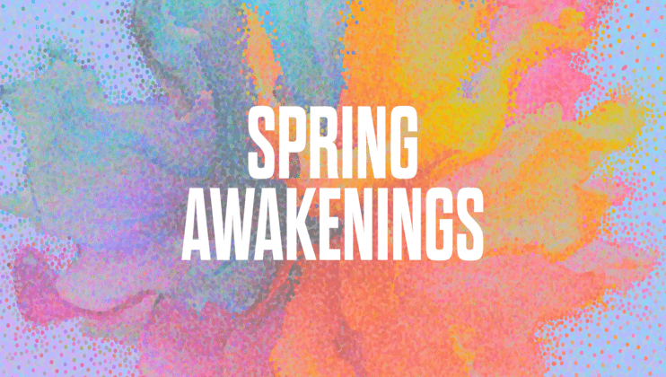 A vibrant, abstract background featuring splashes of pastel colors like blue, yellow, green, purple, and pink. Bold white text in the center reads SPRING AWAKENINGS. The colorful design evokes a festive and lively atmosphere.