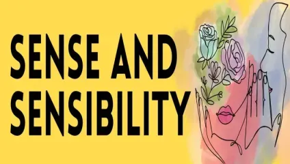 Yellow background with Sense and Sensibility written in bold black letters on the left. On the right, a minimalist line drawing of a face with flowers and leaves, incorporating shades of pink, blue, and green.