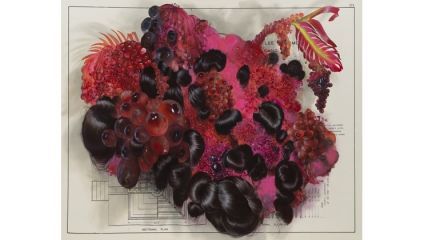 A vibrant, abstract artwork featuring a mass of dark hair intertwined with clusters of red and pink spherical shapes resembling berries and coral-like forms, all set against a technical blueprint background. The composition is rich in texture and color.