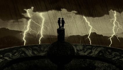 Two silhouetted figures stand close together atop a large, ornate sculpture, set against a dramatic backdrop with dark clouds and multiple strikes of lightning illuminating the night sky. Rain is pouring down, creating a sense of tension and drama.
