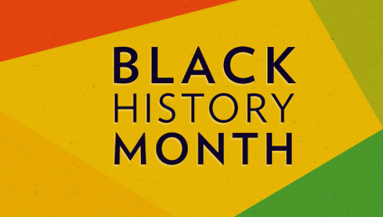 The words Black History Month stand inside a patchwork of intersecting panels, each one either red, green or yellow - the colours on the Pan-African flag