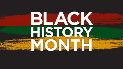 The words Black History Month stand in bold white capital letters in a black background. Behind each word, one on top of the other, is a paintbrush stroke in red, green and yellow, respectively - the colours of the Pan-African flag.