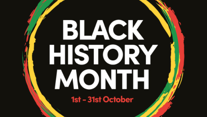 The words Black History Month stand in capital letters inside a circle composed of paintbrush strokes in red, yellow and green - the colours of the Pan-African flag