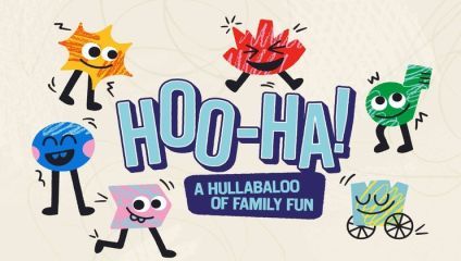 Colorful shapes with smiling faces, arms, and legs surround the text HOO-HA! A HULLABALOO OF FAMILY FUN. Shapes include a yellow star, red square, green circle, blue oval, pink rectangle, and a blue and yellow diamond with wheels.