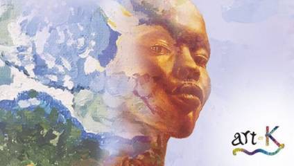 A digital artwork featuring a partially painted face of a woman in warm tones merging into a background of abstract blue, green, and white brush strokes. The art-K logo is in the bottom right corner.