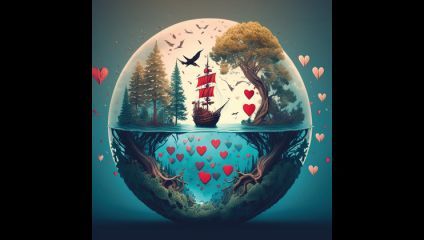 A spherical glass terrarium is depicted, showing a lush landscape with trees, a sailing ship, and red hearts floating around. The bottom half, submerged in water, reveals tree roots and more floating hearts, creating a dreamlike and romantic scene.