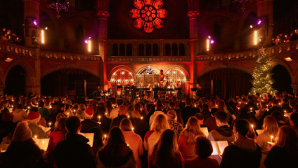 Hundreds of carol singers holding candles illuminate Union Chapel in Islington for its Carols by Candlelight concert