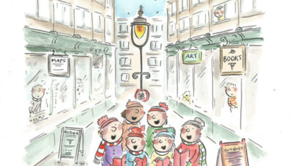 A cartoon depiction of carol singers singing under the light of a gas lamp in Cecil Court on a snowy night