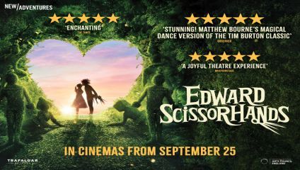 Promotional poster for Edward Scissorhands showing a silhouette of the title character with scissor hands standing at the entrance of a hedge maze. Ratings and quotes describe the show as enchanting and a joyful theatre experience. Release date: September 25.
