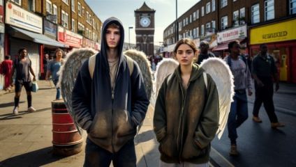 Two young individuals with angel wings stand on a busy urban street. They wear hooded sweatshirts and look serious, contrasting with the bustling background of pedestrians, shops, and a clock tower. The scene suggests a blend of everyday life and supernatural elements.
