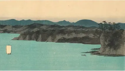 Utagawa Hiroshige (1797–1858), Evening view of the eight scenic spots of Kanazawa in Musashi Province. Colour-woodblock print triptych (detail), 1857. Collection of Alan Medaugh.