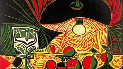 Pablo Picasso (1881–1973). Still Life under the Lamp, colour linocut in black over green, red and yellow on white background, 1962. © Succession Picasso/DACS, London 2024.