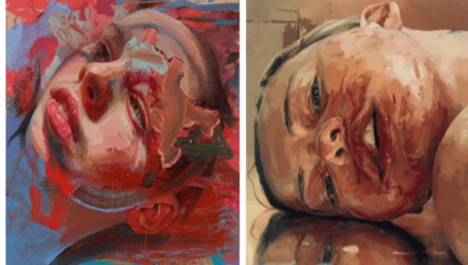 L-R: Drift by Jenny Saville, 2020-2022, Oil and oil stick on canvas, 39 3/8 x 47 1/4 inches, 100 x 120 cm © Jenny Saville, Photo: Prudence Cuming Associates Ltd., Courtesy Gagosian; Reverse by Jenny Saville, 2002-2003, Oil on canvas, 84 x 96 inches, 213.4 x 243 cm © Jenny Saville, Courtesy Gagosian.