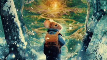 An anthropomorphic mouse with a backpack stands between snow-covered trees, looking towards a lush, sunlit clearing ahead. A winding path leads through the vibrant green landscape, with snowfall adding a magical touch to this whimsical woodland scene.