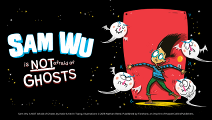 A cartoon boy stands in a defensive pose holding a flashlight, surrounded by five white, cartoonish ghosts. The text on the left says, Sam Wu is NOT afraid of ghosts. The background is black with stars, and a red spotlight highlights the boy.