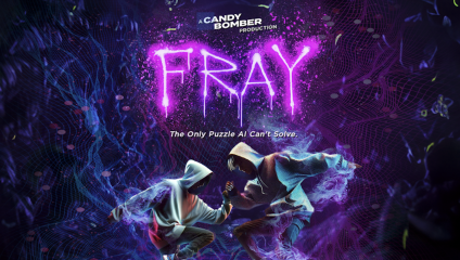 A dark, ethereal poster for Fray, a Candy Bomber Production. Two hooded figures face each other amidst a swirling, neon mist. The tagline reads, The only puzzle AI can't solve. The scene is vibrant with purples and blues, evoking a sense of mystery.