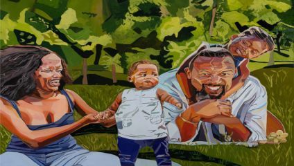 A vibrant painting depicts a joyful family of four. A woman with curly hair holds the hand of a baby in the center. A man with a beard lies on the grass, smiling, while a young girl happily peeks over his shoulder. They are surrounded by lush greenery.