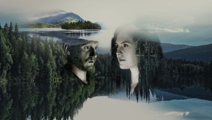 A surreal image featuring a dense forest and a calm lake with mountains in the background. The scene blends with translucent, floating faces of a bearded man and a woman looking towards each other, creating an ethereal and mysterious atmosphere.