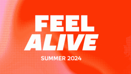 Bold white text saying FEEL ALIVE and SUMMER 2024 appears on a vibrant red and orange gradient background.