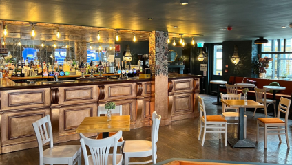 A cozy bar interior with a long wooden counter, various drink taps, and hanging warm lights. The seating area includes white and wooden chairs around small tables. The decor features dark walls, large mirrors, and several potted plants, creating a welcoming atmosphere.