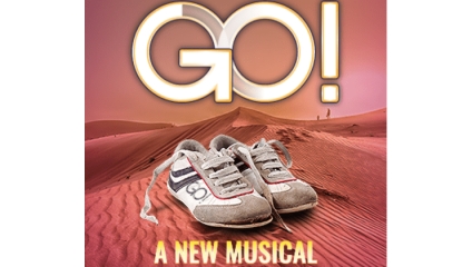 Promotional image for GO! A New Musical featuring a desert landscape with a pair of worn sneakers placed in the center. The title GO! is prominently displayed at the top in bold letters.