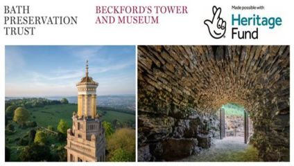 Composite image showing two photos related to Beckford's Tower and Museum. The left photo showcases the ornate, yellow Beckford's Tower against a green landscape. The right photo depicts an interior view of a stone-lined passageway. Logos for Bath Preservation Trust and Heritage Fund are present.