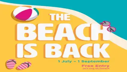 Illustration of a summer event advertisement. A beachball and sunglasses are on a yellow and teal background. Text reads The Beach is Back in large letters, with 1 July - 1 September and Free Entry in smaller letters. Website address provided below.
