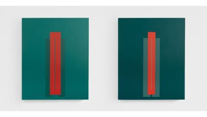 Two side-by-side abstract paintings on a white wall feature vertical red rectangles centered on dark green backgrounds. Both rectangles are layered with smaller, darker shades of green and black, creating a sense of depth and symmetry.