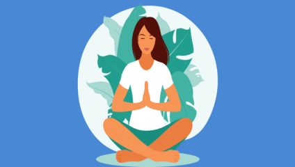 Illustration of a person with long hair in a seated yoga pose, legs crossed, and hands pressed together in a prayer position. The background features large green leaves and a light blue circular backdrop, set against a darker blue background.