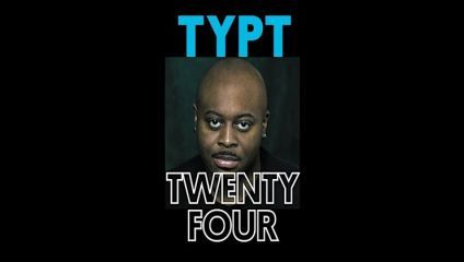 An image with the text TYPT at the top in blue letters, followed by a photograph of a person with a shaved head and earrings. Below the photo, the text TWENTY FOUR is written in bold white letters. The background is black.