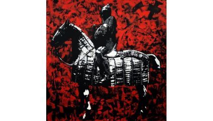 A monochrome knight in full armor sits on an armored horse amidst a dynamic red and black abstract background. The image's high contrast emphasizes the knight's form and the horse's detailed plating.