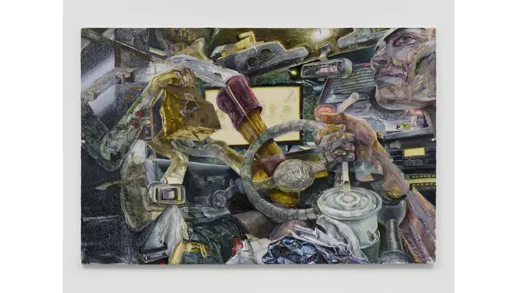 A painting depicting a surreal car interior with distorted perspectives. A figure in the driver's seat clutches the steering wheel, surrounded by everyday objects like a drink cup, food wrappers, and various gadgets, creating a chaotic and dreamlike scene.