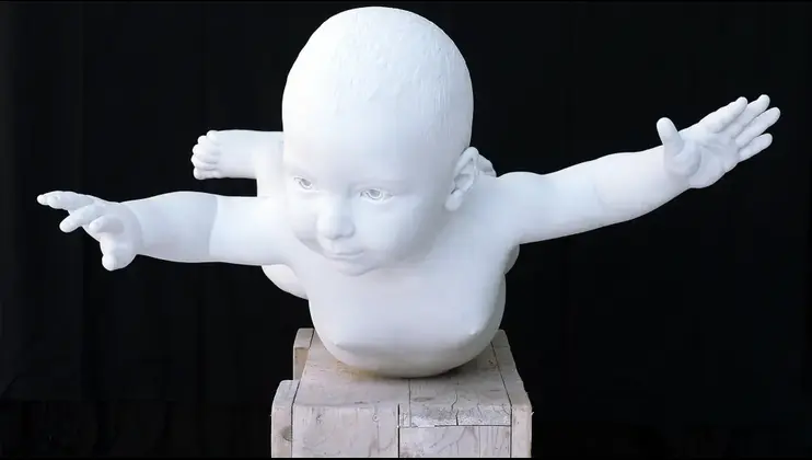 Jan Fabre The Freefaller (of Art), 2024 Carrara white marble, 115 x 105 x 71 cm