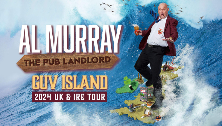 Promotional poster for Al Murray's The Pub Landlord UK & Ireland 2024 tour titled Guv Island. The image shows Al Murray in a red blazer, holding a pint of beer, standing on a small island. The background features a large wave.