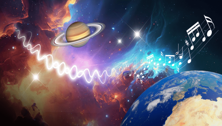 A vivid digital illustration blends outer space and music. Saturn floats near a colorful nebula with glowing light waves connecting to Earth. Musical notes drift from Earth into space, symbolizing the harmony between the cosmos and music.