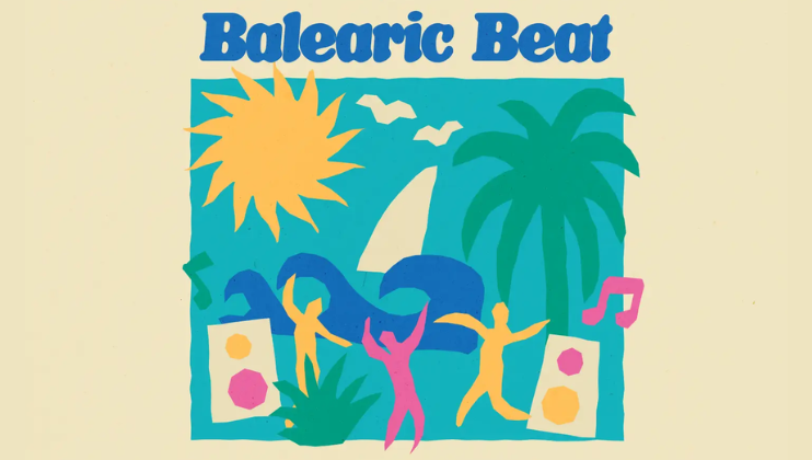A colorful illustration of three people dancing surrounded by tropical elements, including a large yellow sun, palm trees, blue waves, and musical notes. The text Balearic Beat is displayed at the top of the image.